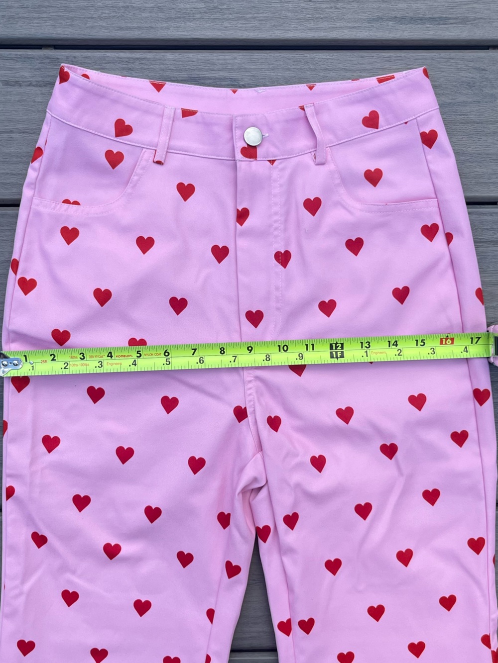 Cider; High Rise; Red Polka Dot Style Heart Print; Pink Flared Trousers; Small - Picture 5 of 10